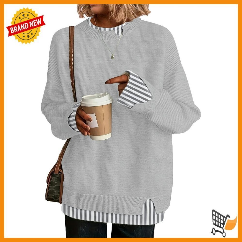 Oversized Knit Pullover Sweater Long Sleeve Drop Shoulder Ribbed